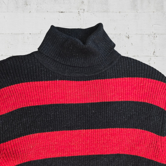 Y2K Red Black Stripe Glitter Metallic Ribbed Knit Turtleneck Sweater Size Medium - Picture 3 of 8